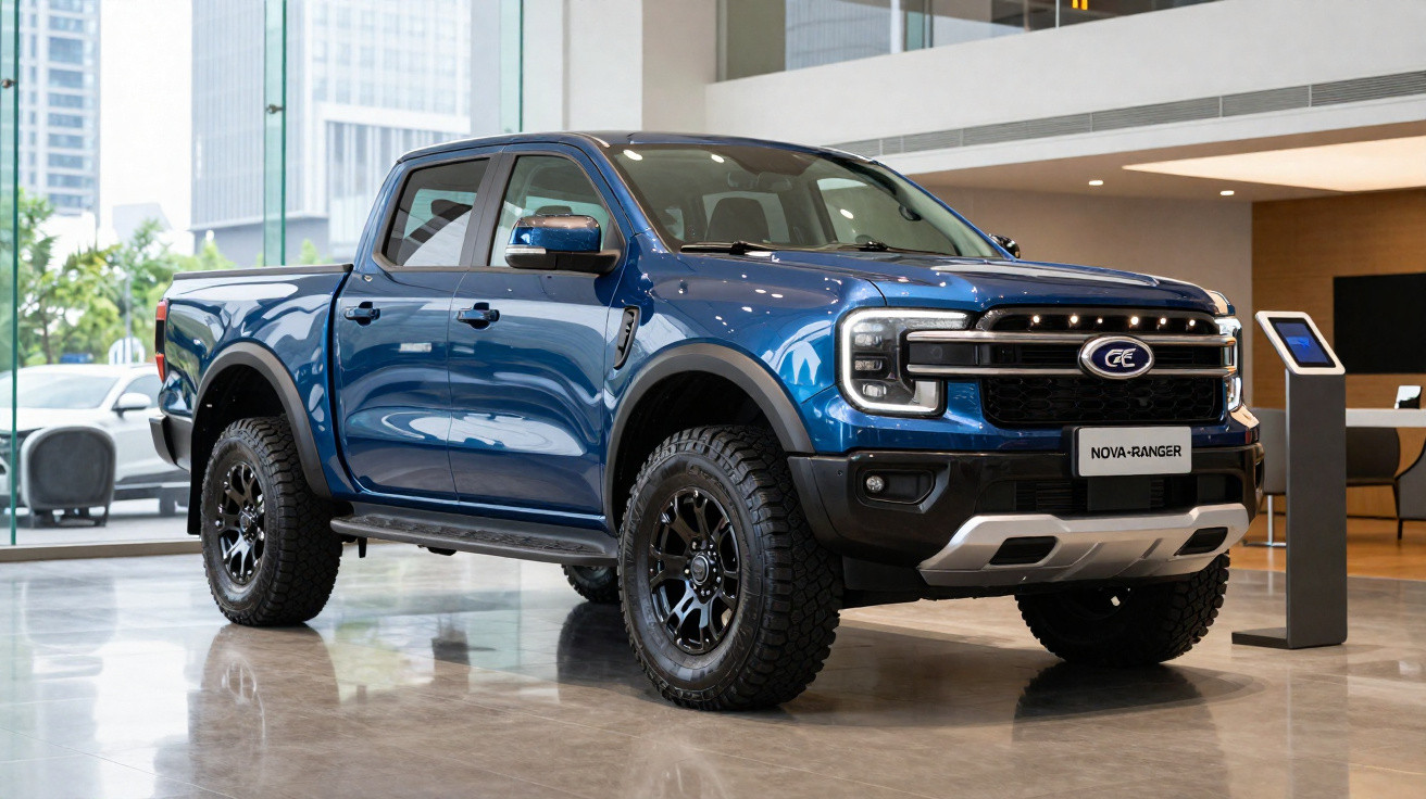 Picape elétrica azul Nova Ranger exibida em showroom moderno com grandes janelas e piso brilhante.