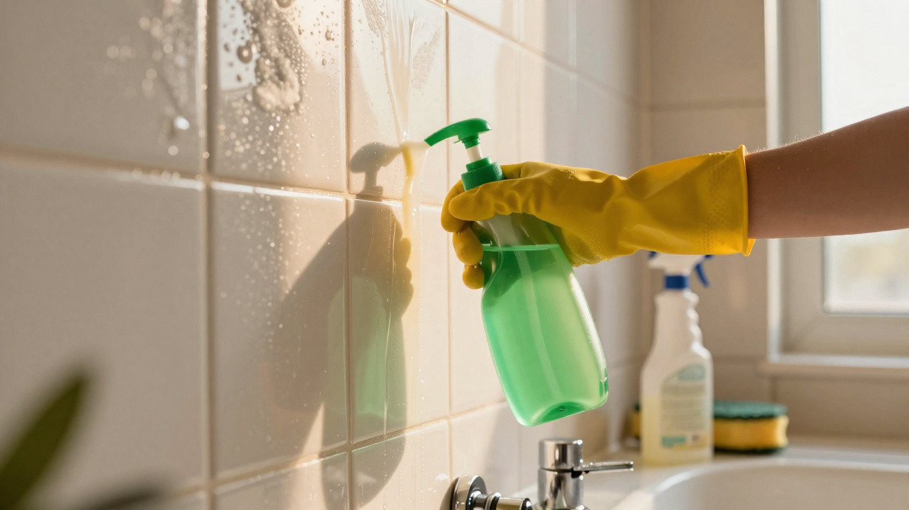 Mão com luva amarela aplicando produto de limpeza em azulejos próximos a pia branca.