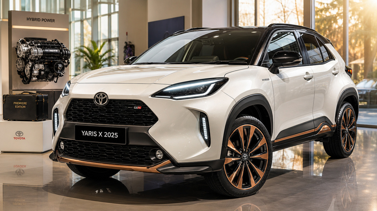 Carro Toyota Yaris X 2025 branco com detalhes em cobre em exposição interna iluminada.