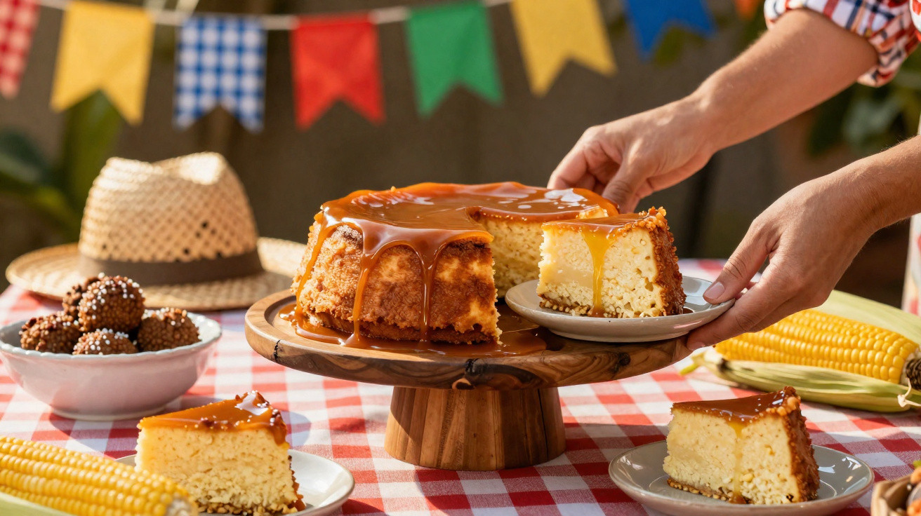 Bolo de milho com calda de caramelo servido em festa junina com decoração e comidas típicas em mesa xadrez.