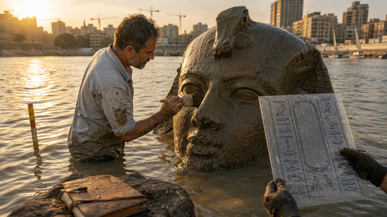 Homem limpa estátua antiga de rosto egípcio submersa em rio, com prédio e guindastes ao fundo.