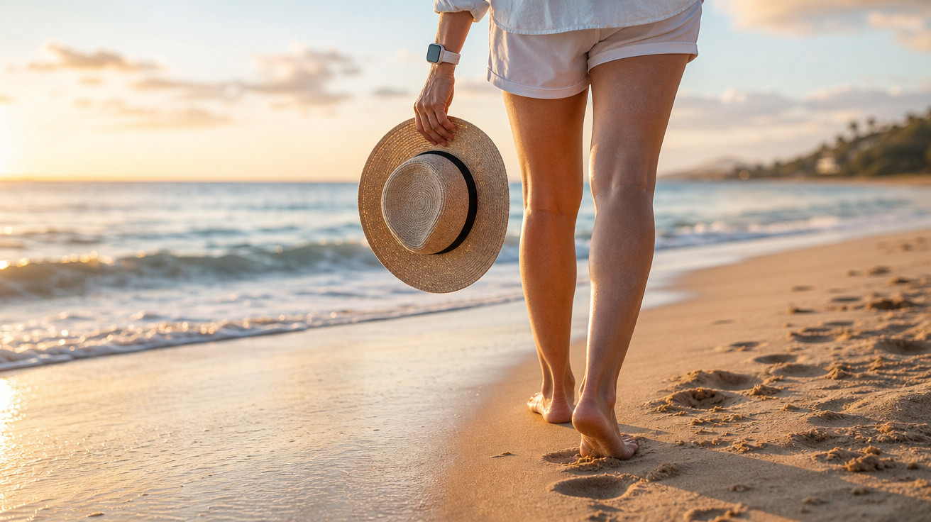 Pessoa caminhando descalça na praia ao pôr do sol segurando chapéu de palha na mão direita.