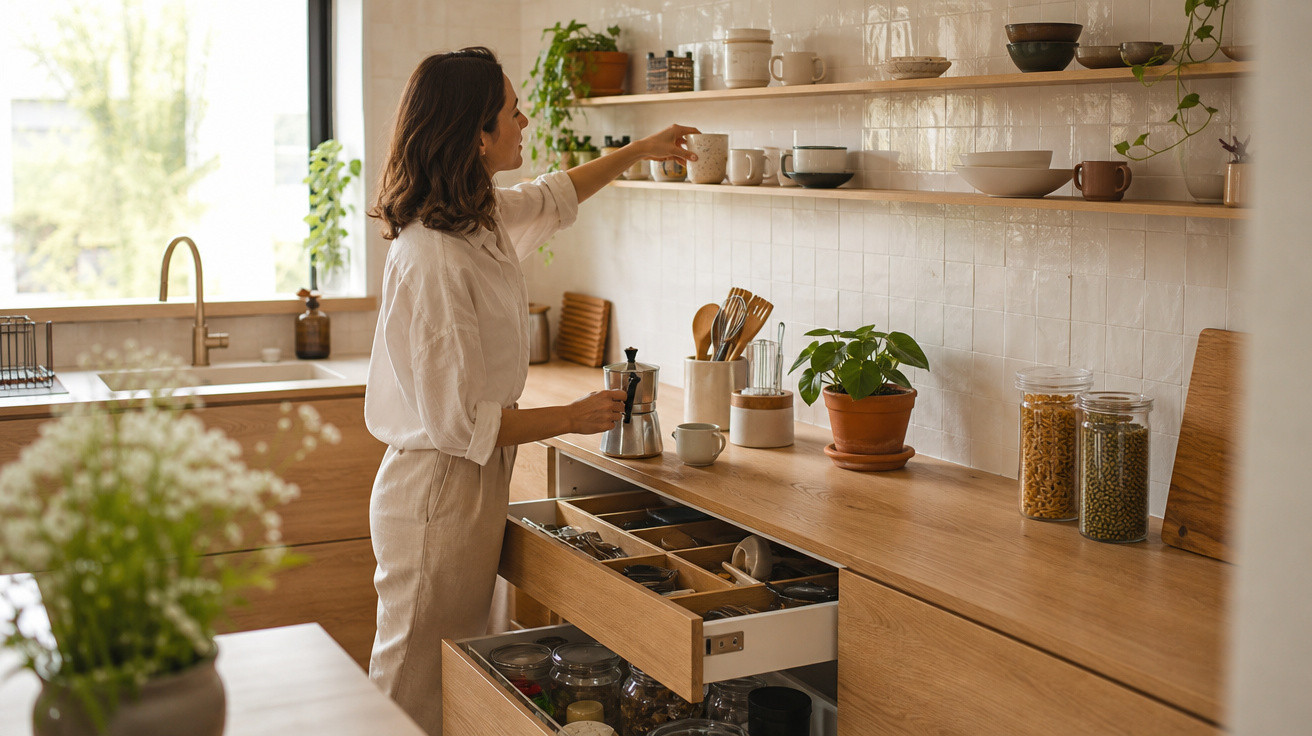 Mulher organizando utensílios em cozinha clara com armários de madeira e plantas decorativas.