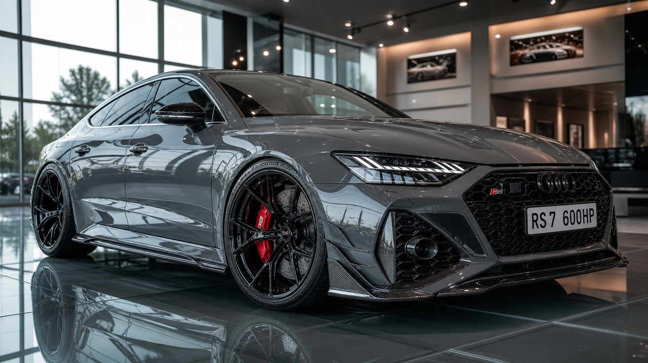 Carro esportivo cinza Audi RS7 com rodas pretas e freios vermelhos em showroom moderno.