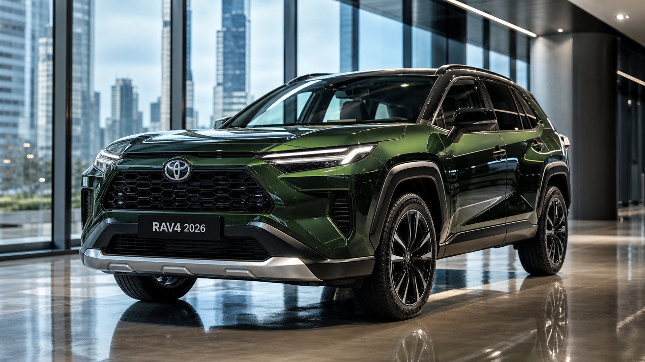 SUV Toyota RAV4 2026 verde escuro em exposição dentro de prédio moderno com vidros grandes.