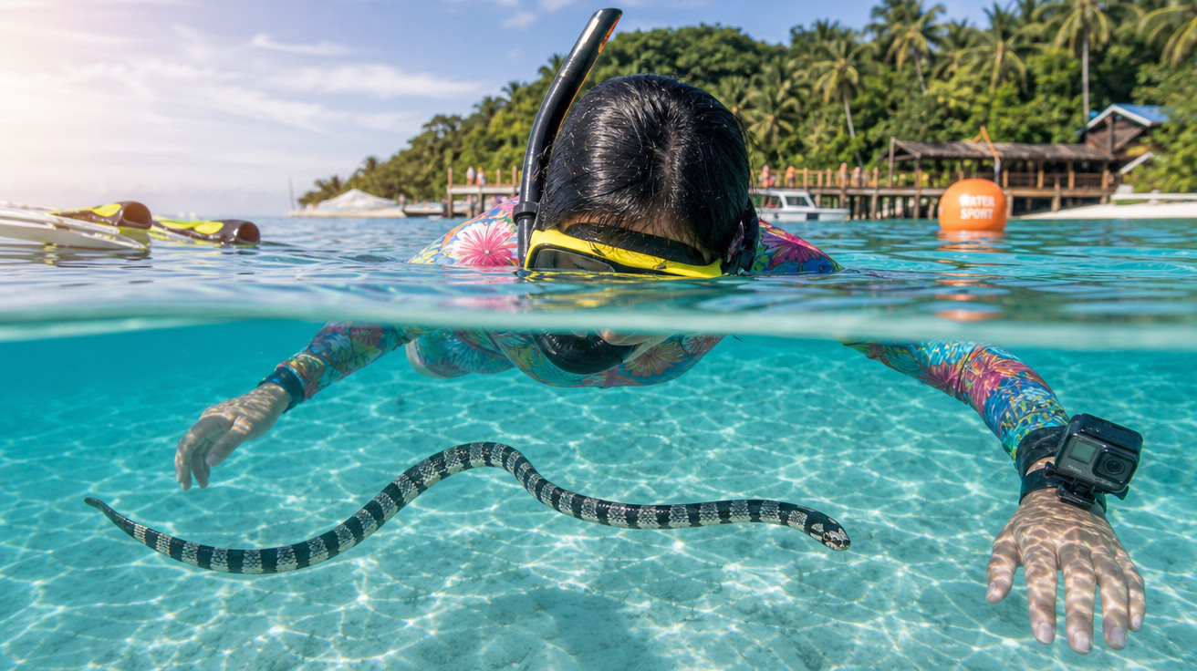 Pessoa com snorkel observando uma cobra marinha em águas claras em área costeira com vegetação ao fundo.