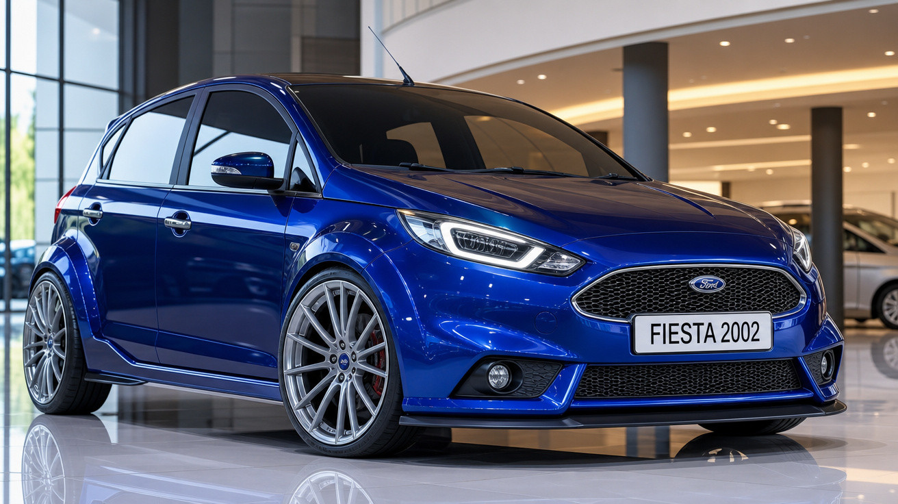 Carro hatchback azul Ford Fiesta 2002 em showroom com rodas esportivas e faróis acesos.