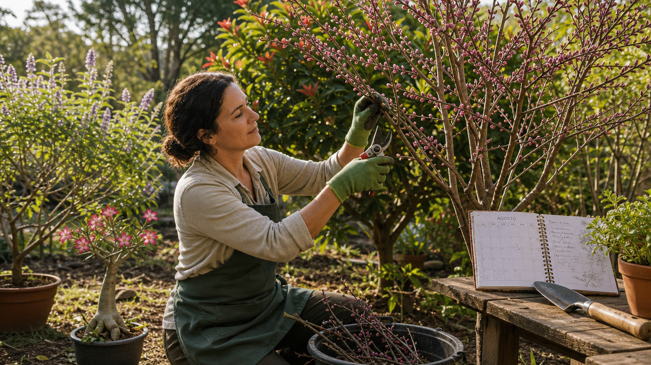 Mulher em jardim podando galhos floridos com tesoura, ao lado de mesa com caderno aberto e ferramentas.