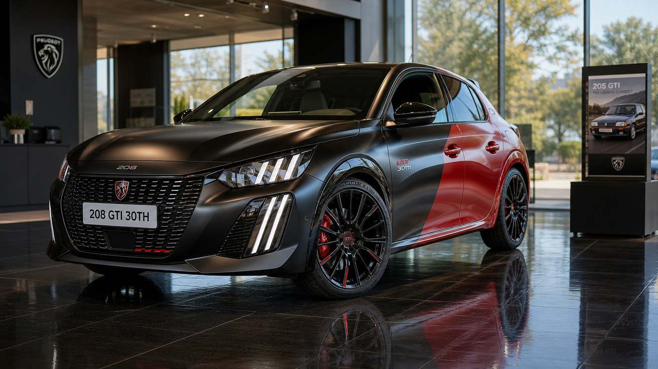 Carro Peugeot 208 GTI 30TH preto e vermelho exposto em showroom com piso brilhante e luz natural.