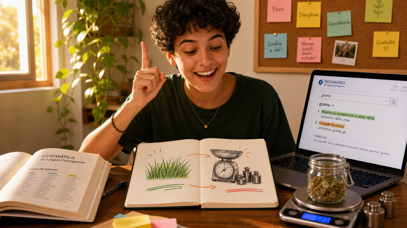 Pessoa estudando gramática com livros, computador e balança em mesa iluminada por luz natural.