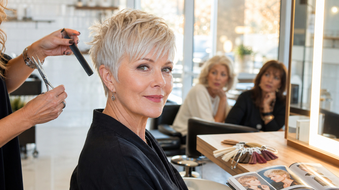 Mulher sorridente com cabelo curto sendo penteada em salão moderno com outras clientes ao fundo.