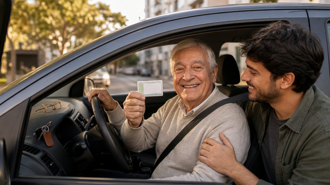 Homem idoso sorridente no carro mostrando carteira de motorista com jovem ao seu lado.