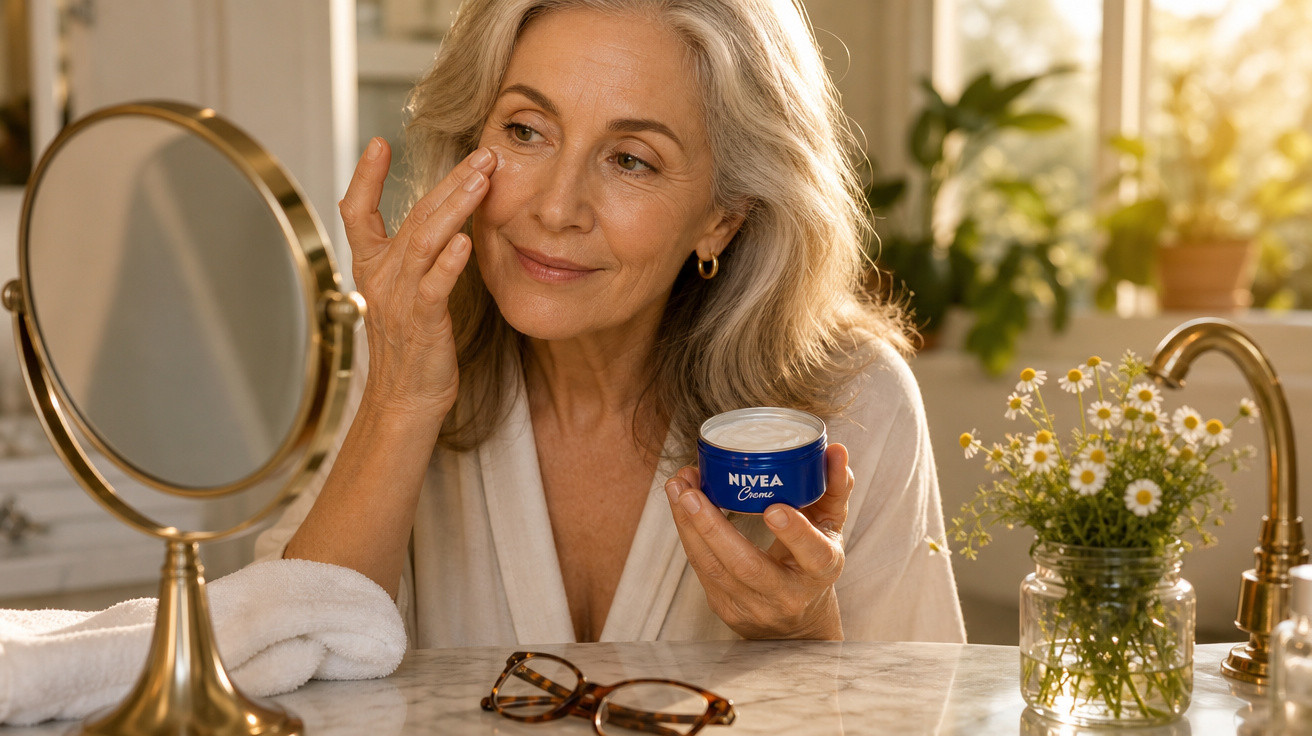 Mulher madura aplicando creme Nivea no rosto em banheiro iluminado, com espelho, toalha e flores na bancada.