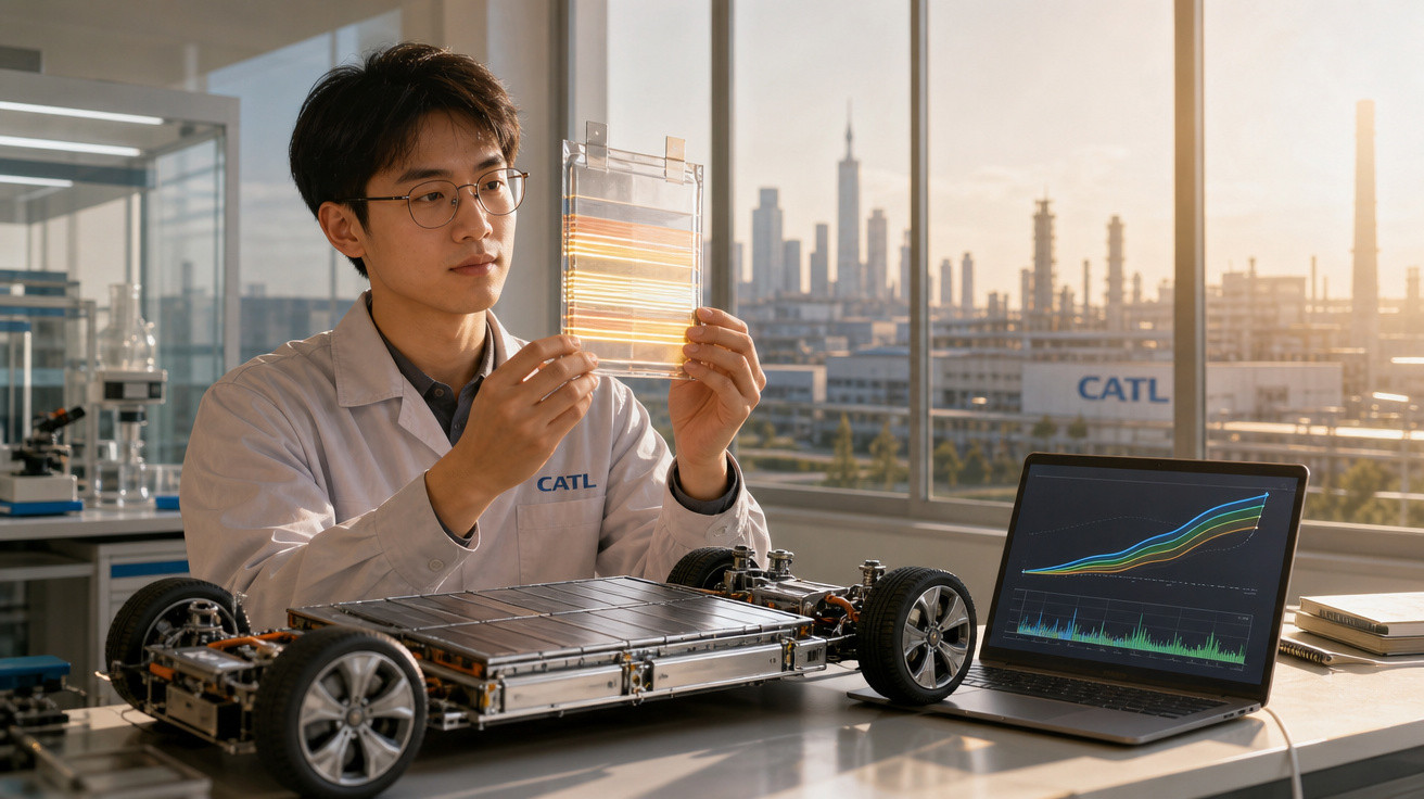 Cientista em laboratório analisando célula de bateria para veículo elétrico com gráfico em laptop ao lado.