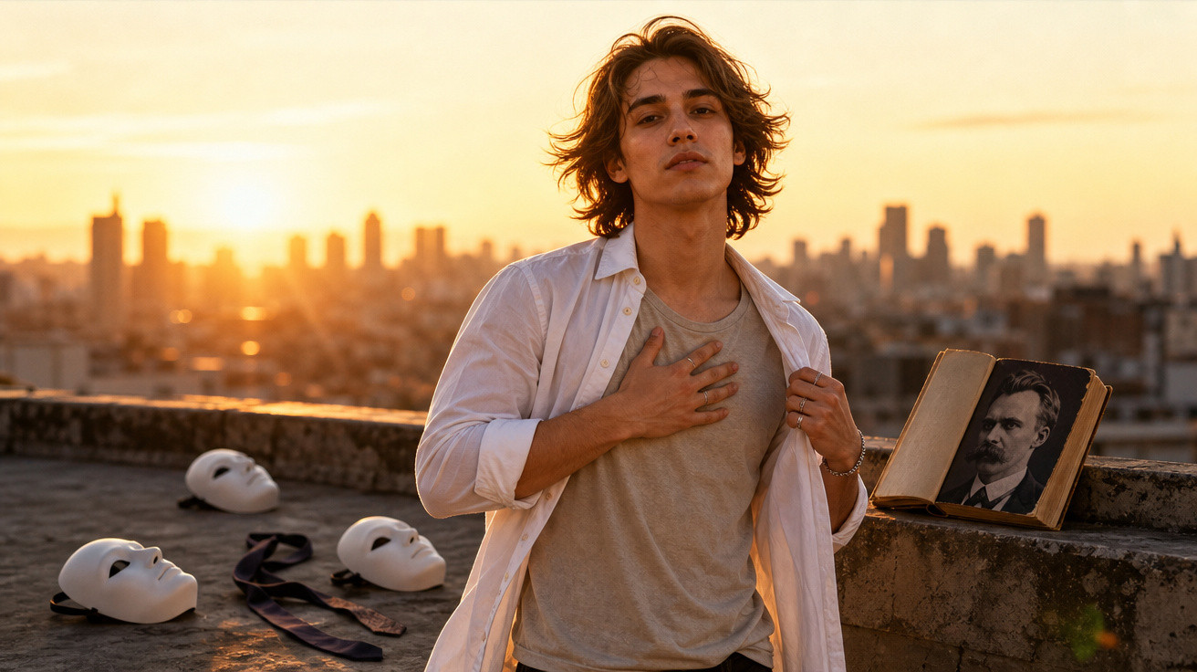 Jovem em camiseta e camisa branca ao pôr do sol no terraço com máscaras brancas e livro aberto com foto de homem.