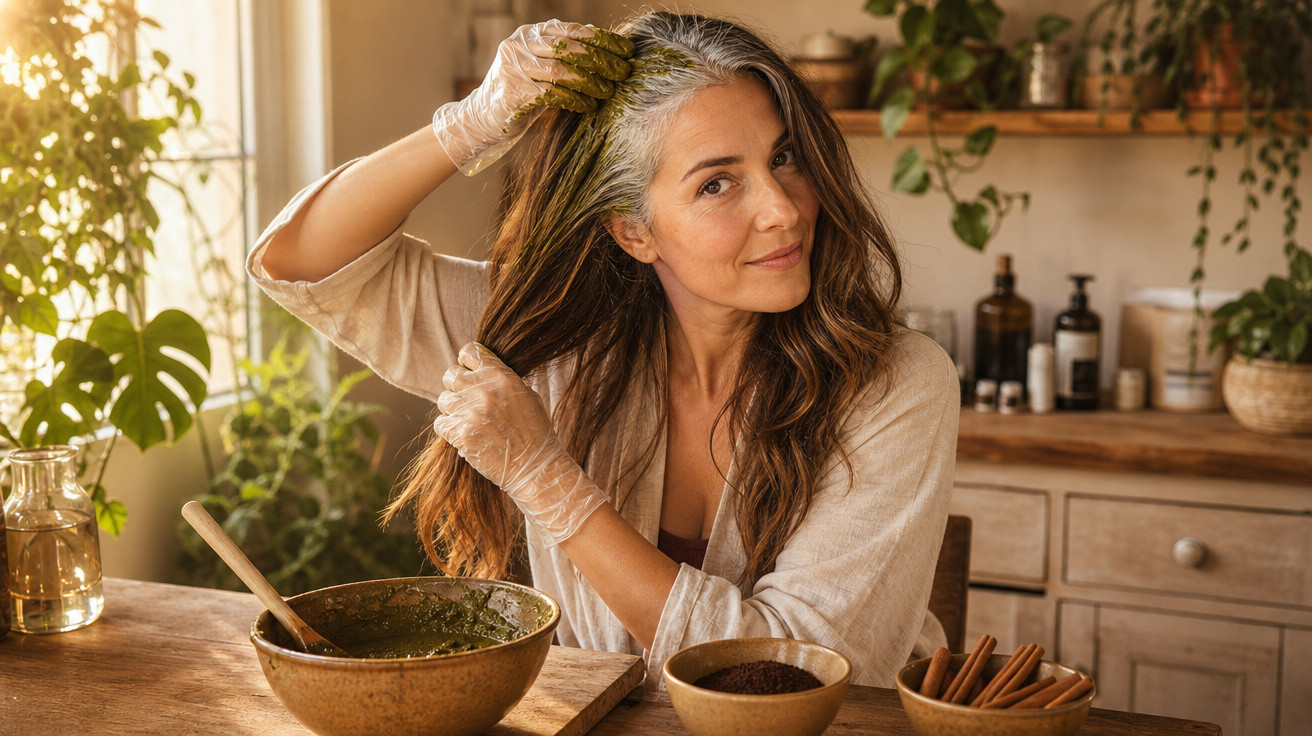 Mulher aplicando henna no cabelo em ambiente aconchegante com plantas e utensílios naturais ao redor.