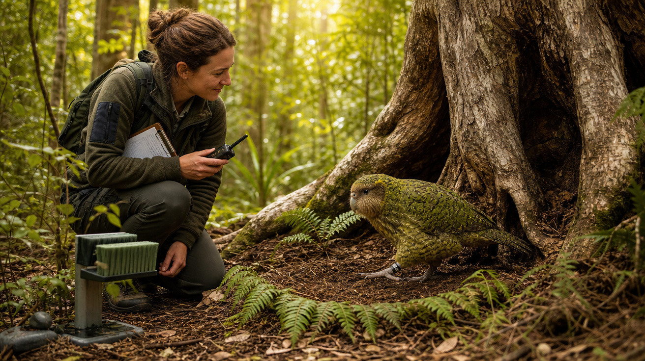 Mulher agachada observa papagaio kakapo no chão próximo a árvore em floresta iluminada.