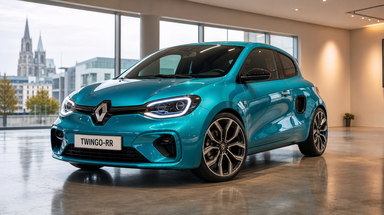 Carro esportivo Renault Twingo-RR azul exibido em ambiente interno moderno com janelas grandes ao fundo.
