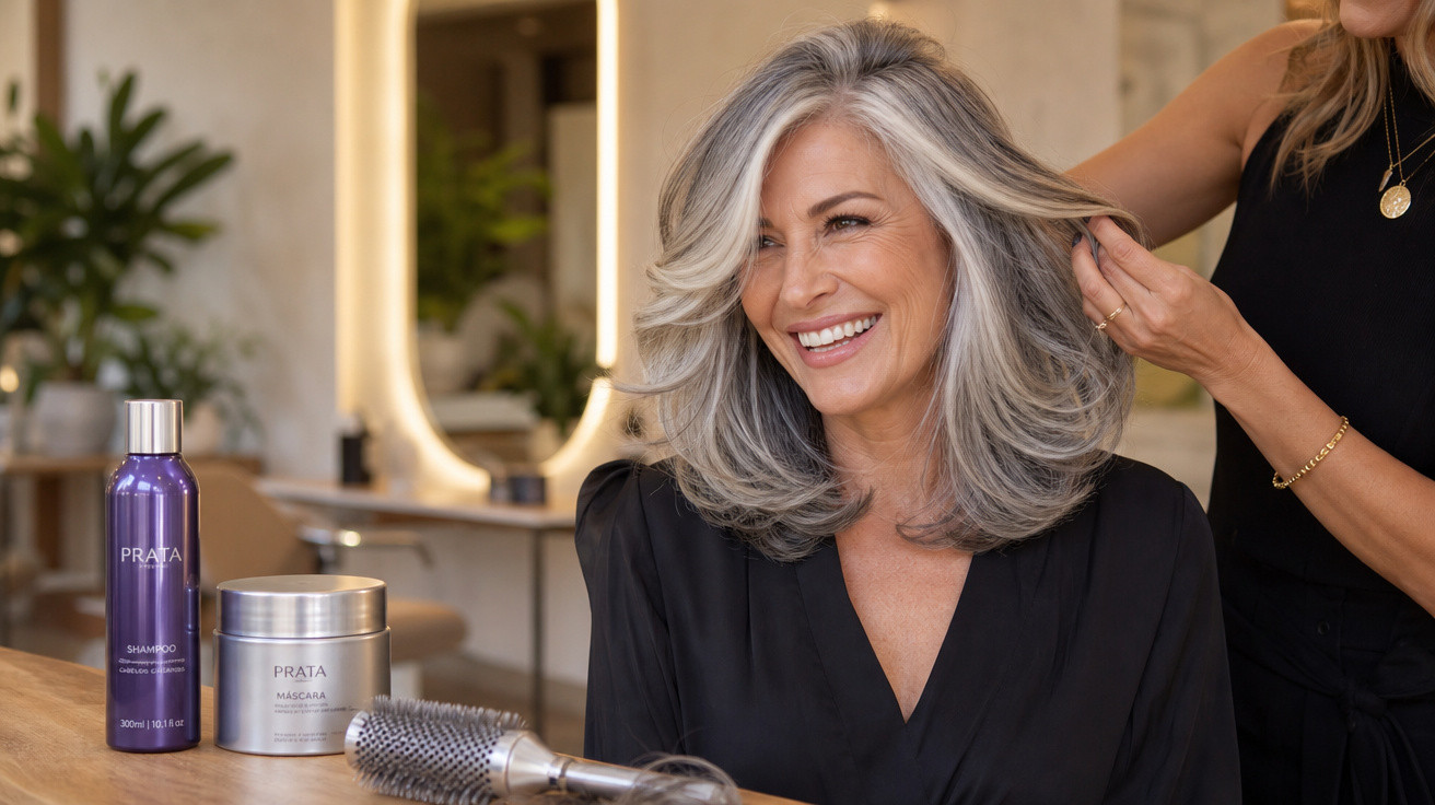 Mulher sorridente com cabelo grisalho sendo penteado em salão de beleza com produtos de cabelo na mesa.