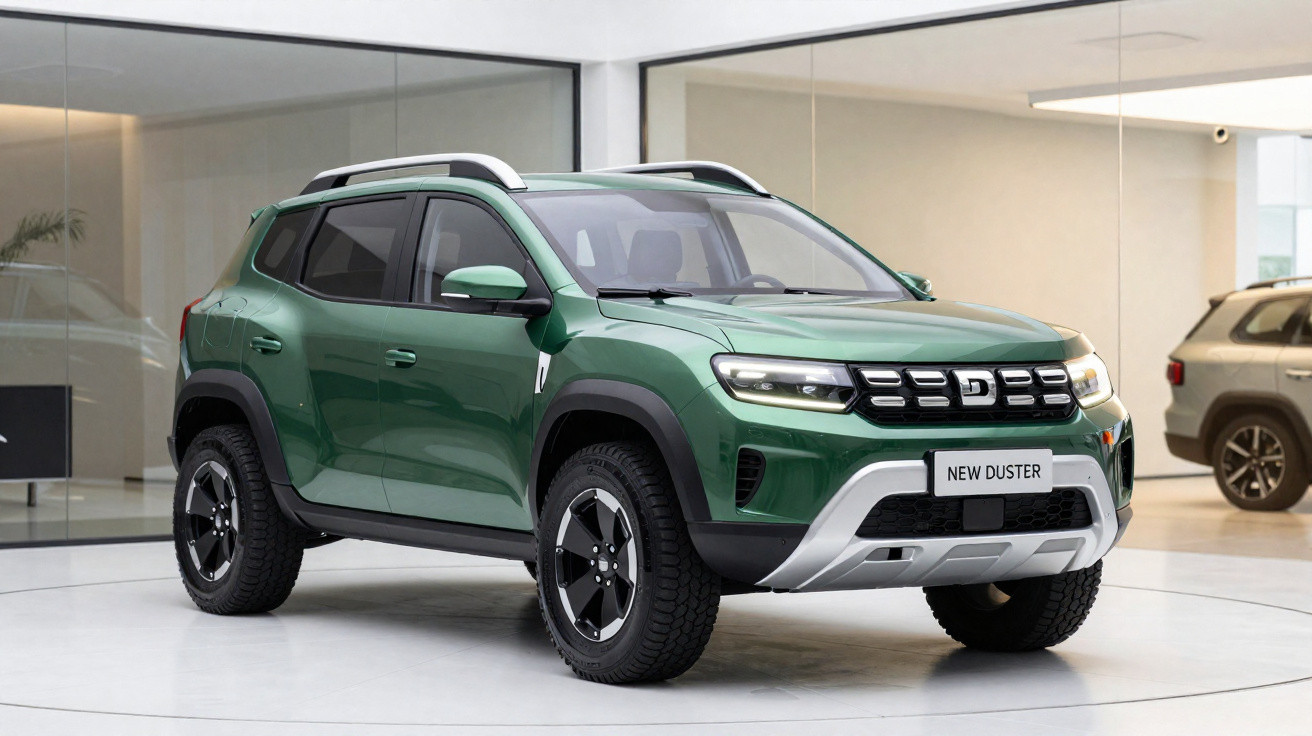 SUV verde Renault New Duster estacionado em ambiente moderno com chão branco e paredes de vidro.