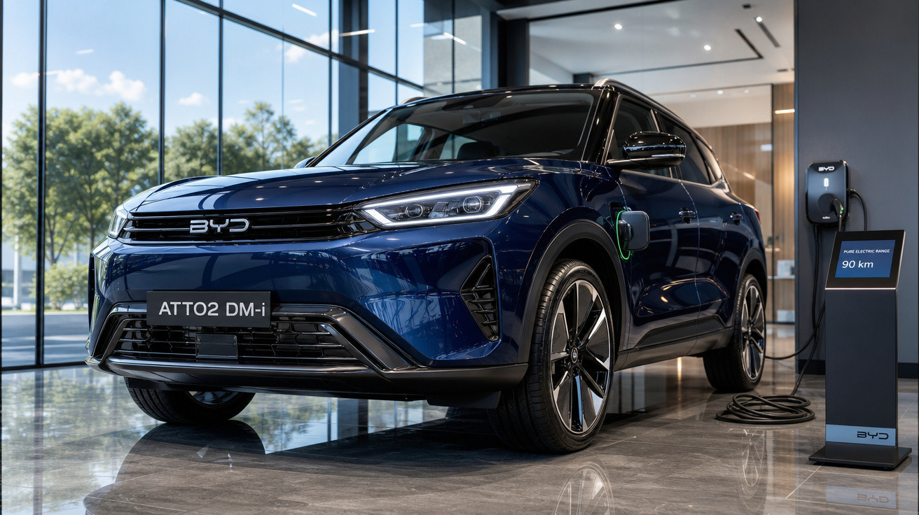 SUV elétrico azul BYD ATTO2 DM-i carregando em estação interna moderna