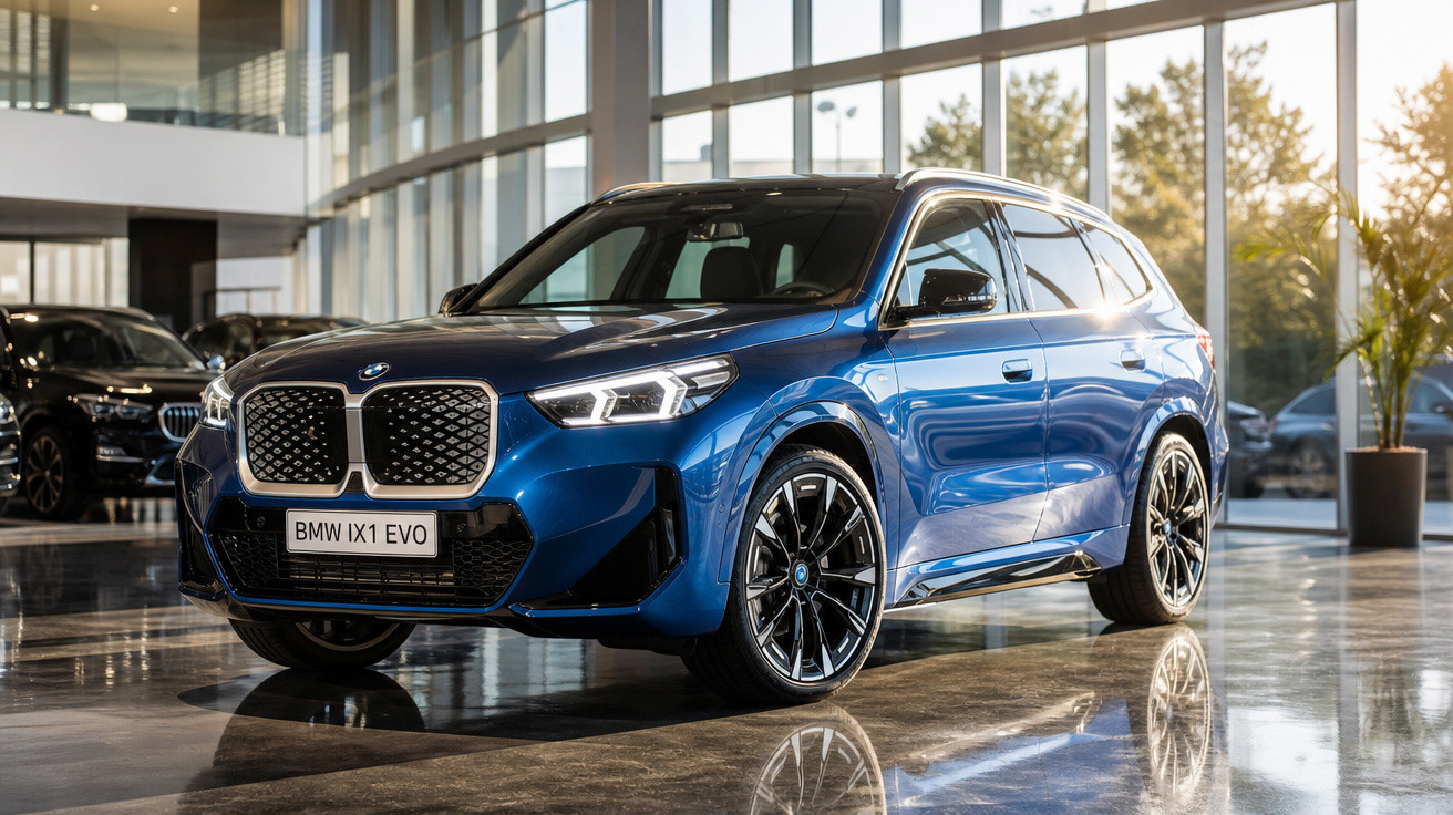 SUV BMW iX1 EVO azul brilhante em showroom com janelas grandes e reflexo no chão polido.