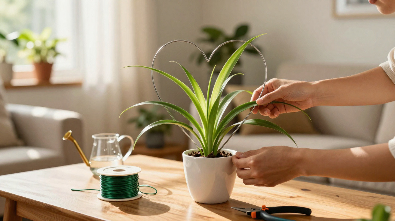 Pessoa cuidando de planta verde em vaso branco com suporte de arame em formato de coração.