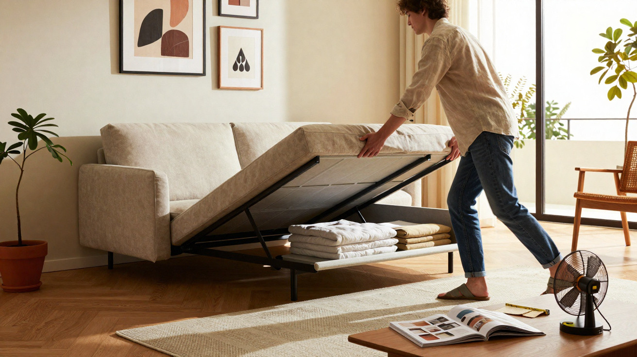 Pessoa abrindo sofá-cama bege para acessar espaço de armazenamento com roupas dobradas em sala iluminada.