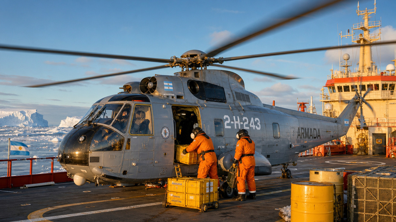 Helicóptero cinza da marinha argentina com tripulantes em roupas laranja embarcando caixas em navio polar.