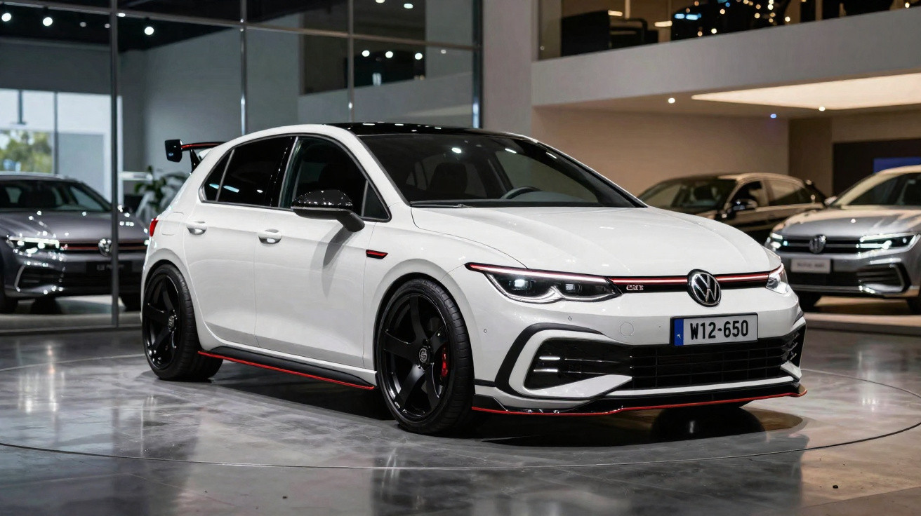 Carro esportivo Volkswagen Golf GTI branco com detalhes em vermelho em showroom moderno.