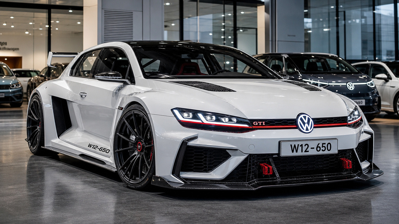 Carro esportivo Volkswagen GTI branco com detalhes vermelhos em showroom moderno.