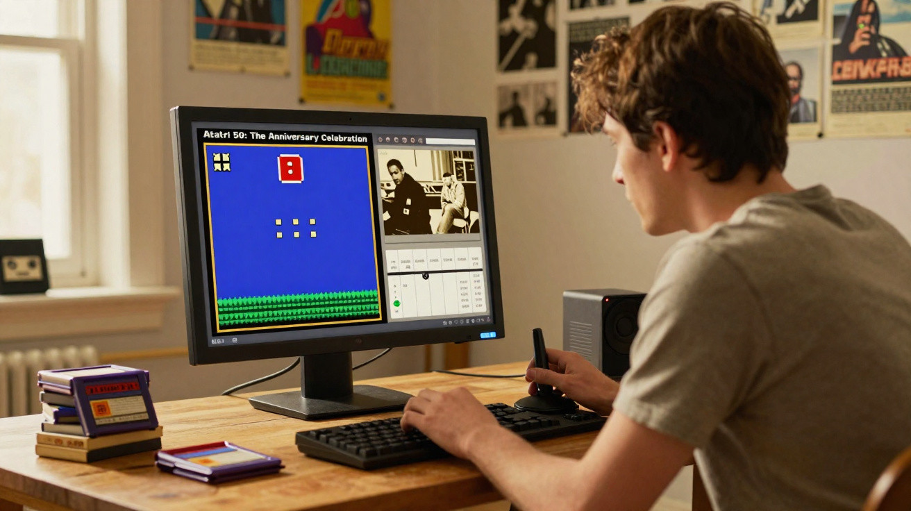 Jovem sentado em mesa usando computador para editar vídeo de jogo retrô Atari 50 com carrinhos e fitas no ambiente.