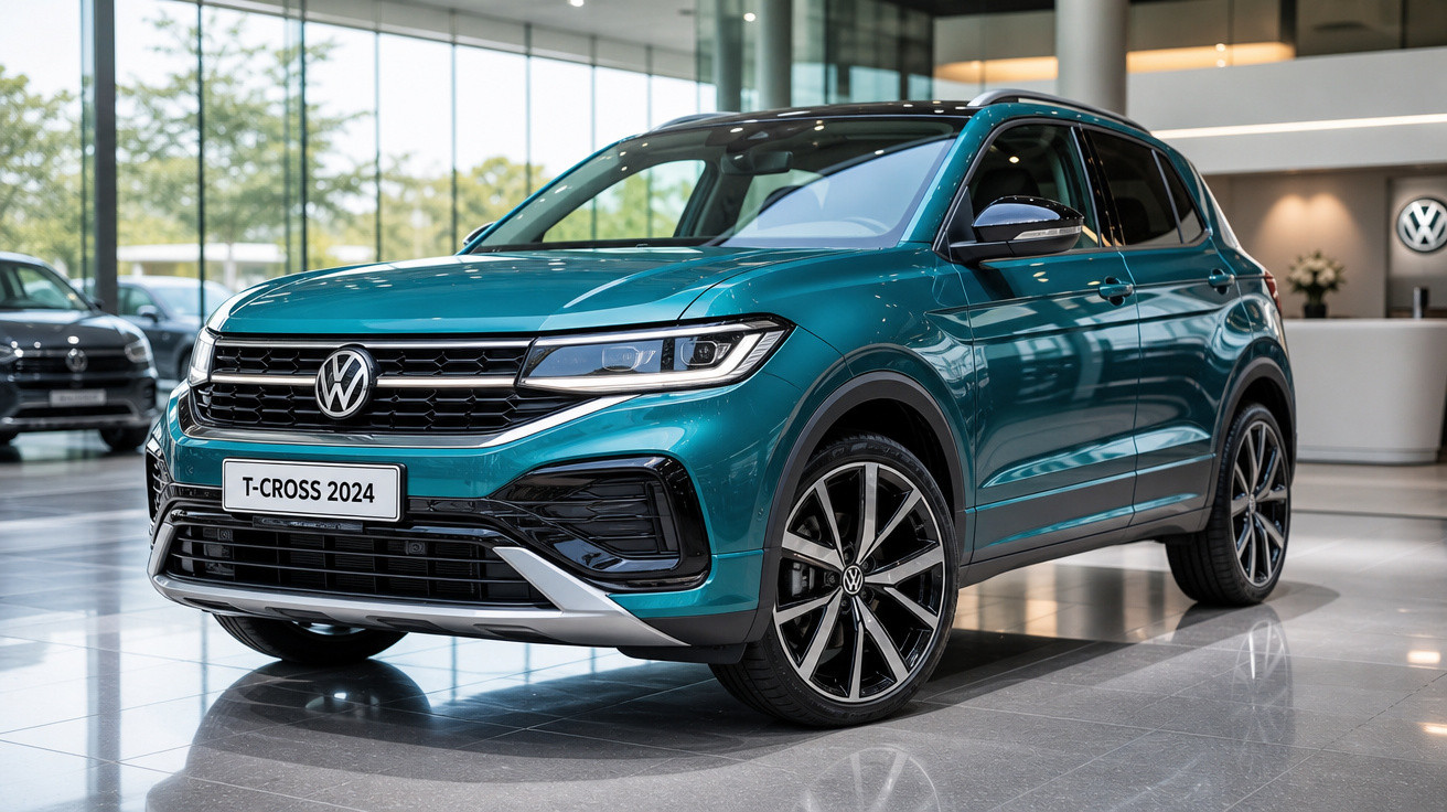 SUV Volkswagen T-Cross 2024 azul em showroom moderno com piso refletivo e iluminação natural.