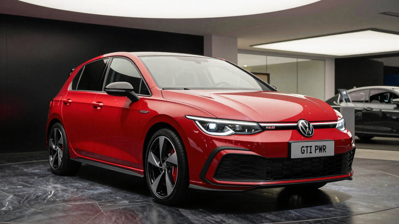 Carro esportivo VW Golf GTI vermelho exposto em ambiente interno moderno com iluminação suave.