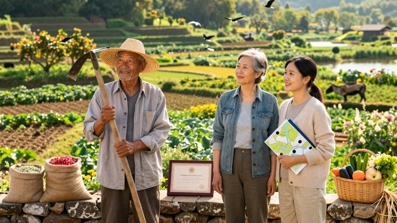 Três pessoas em uma fazenda, homem com foice e mulheres observando plantações ao fundo sob luz do sol.