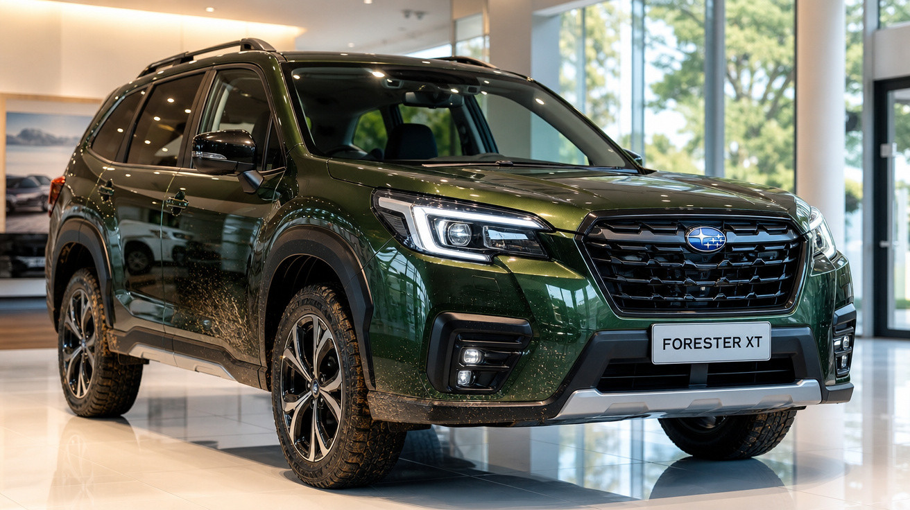 SUV Subaru Forester XT verde com pneus off-road em showroom moderno e iluminado.