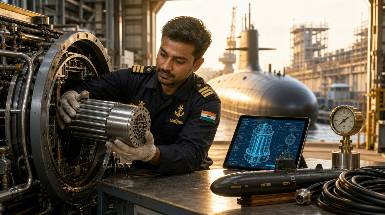 Homem uniformizado com bandeira da Índia trabalha em equipamento técnico com submarino ao fundo em estaleiro.
