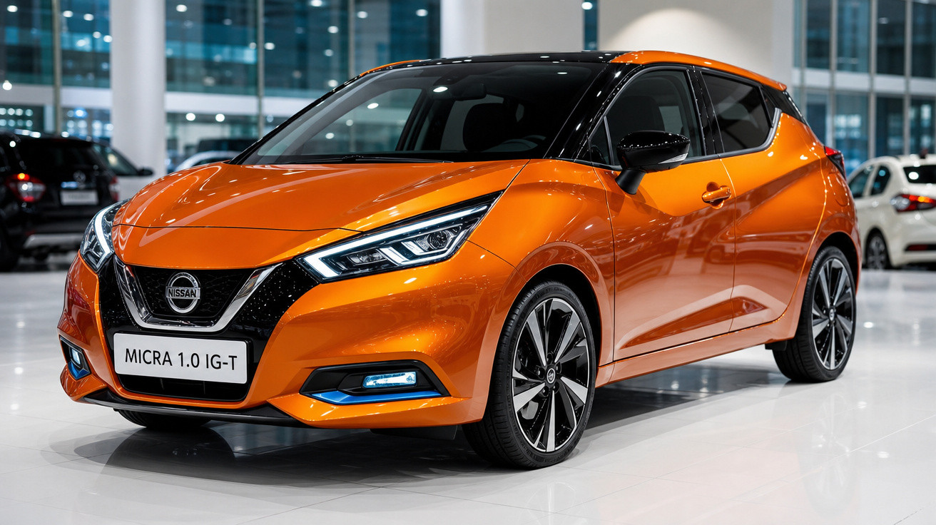 Carro hatchback Nissan Micra 1.0 IG-T laranja exibido em showroom moderno e iluminado.