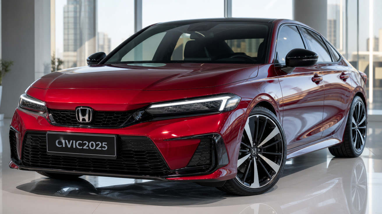 Carro Honda Civic 2025 vermelho exibido em ambiente interno com rodas pretas e detalhes modernos.
