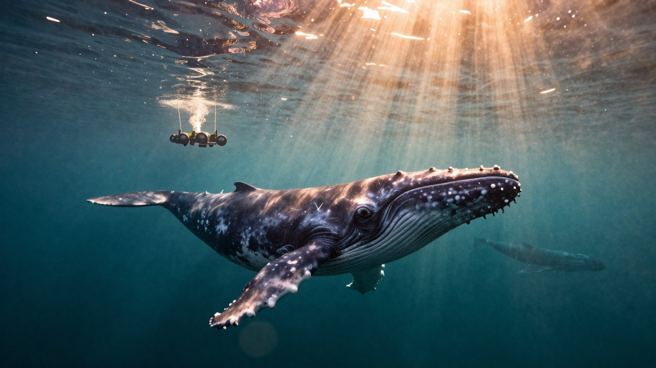 Baleia nadando sob a água com luz solar filtrando e drone flutuando na superfície do mar.