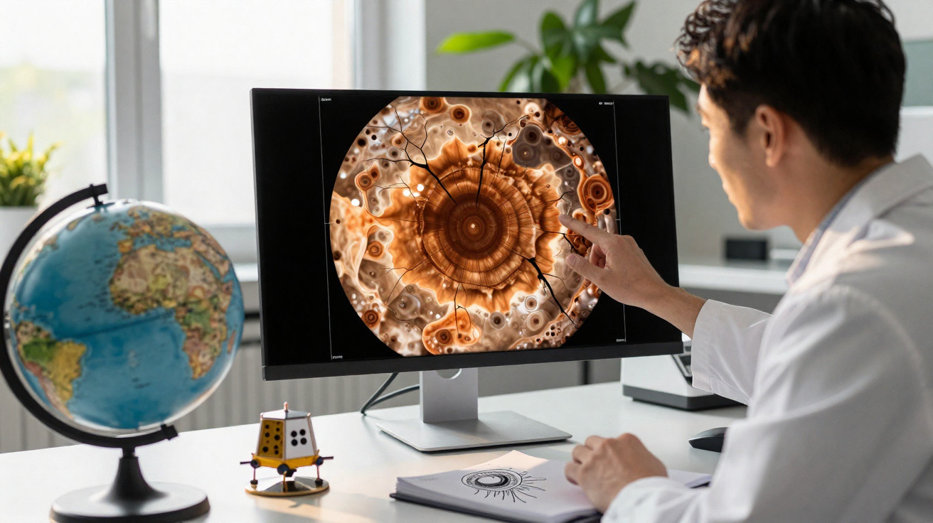 Homem analisa imagem ampliada de corte geológico em monitor, com globo terrestre e modelo de módulo lunar na mesa.