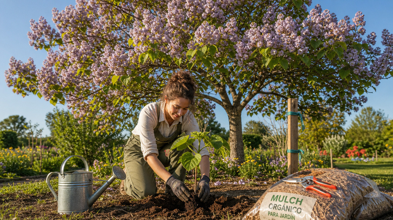 Mulher plantando muda em jardim com regador, árvores floridas e saco de mulch orgânico ao lado.