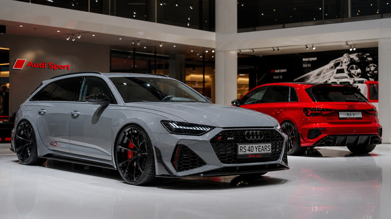 Dois carros Audi esportivos, um cinza e um vermelho, exibidos em showroom moderno e iluminado.