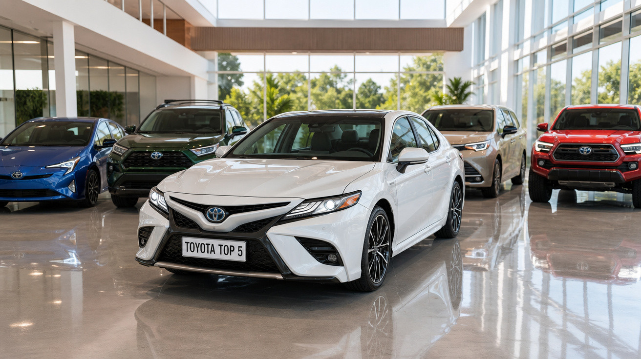 Carros Toyota exibidos em showroom moderno com grande iluminação natural e piso refletivo.