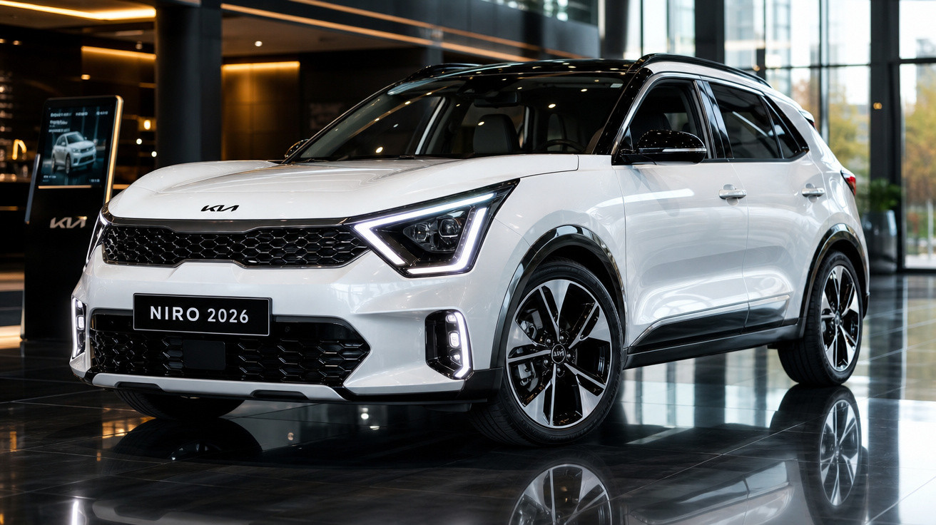 Carro SUV branco Kia Niro 2026 exibido em showroom moderno e iluminado.