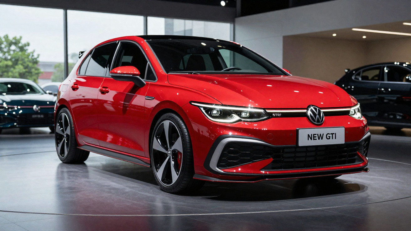 Carro Volkswagen New GTI vermelho estacionado em ambiente interno iluminado.