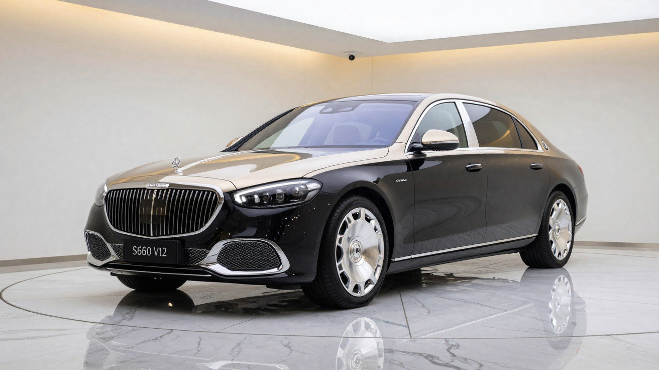 Carro de luxo Mercedes-Maybach S560 V12 preto e prata exibido em ambiente interno iluminado.