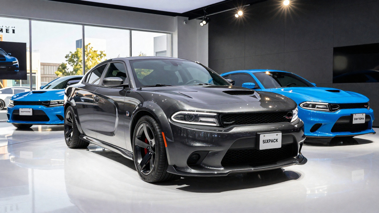 Carros esportivos Dodge em exposição, destaque para o modelo cinza com placa "SIXPACK" em showroom.