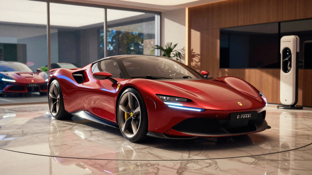 Carro esportivo vermelho Ferrari SF90 Stradale em garagem moderna com piso de mármore.