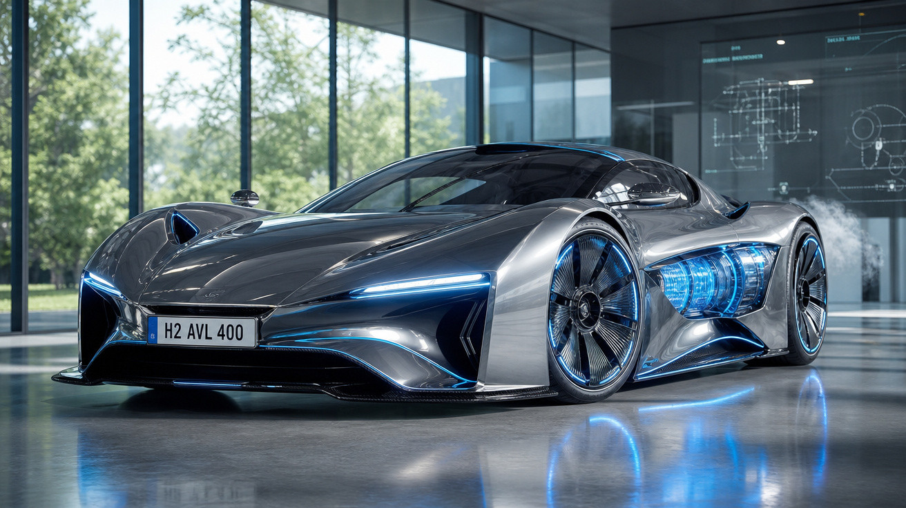 Carro esportivo futurista prateado com luzes azuis em exposição dentro de prédio moderno com vidros amplos.